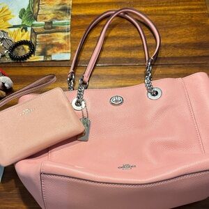 Coach Pink Textured Leather Tote with Chain Handles